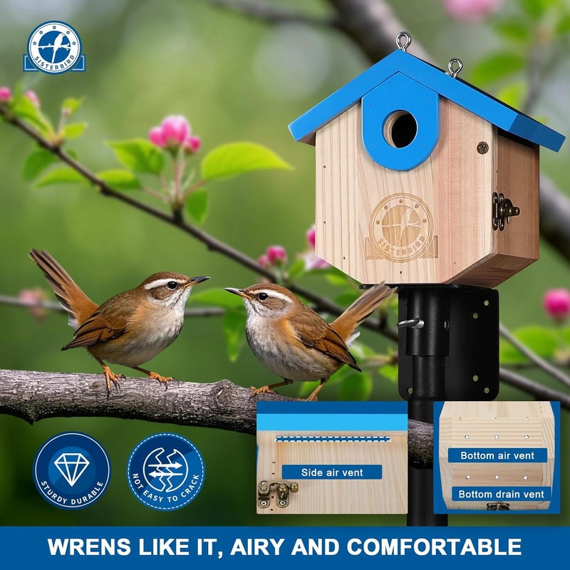 SISTERBIRD Wren Bird Houses for Outside Cedar Hanging Birdhouses for Outdoors 1-1/8" Entrance Hole Bird Houses for Outside Clearance Wooden Nesting Box Chickadee Predator Guard, Blue - Image 2